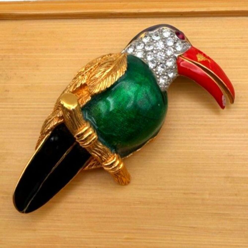 Vintage Gontie Enamel Parrot Toucan Crystal Brooch